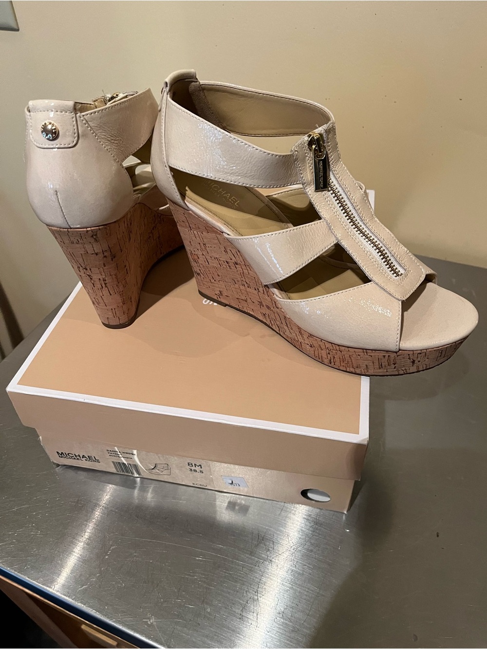 Michael Kors Neutral Patent Leather Cork Wedge Sandals with Front Zip